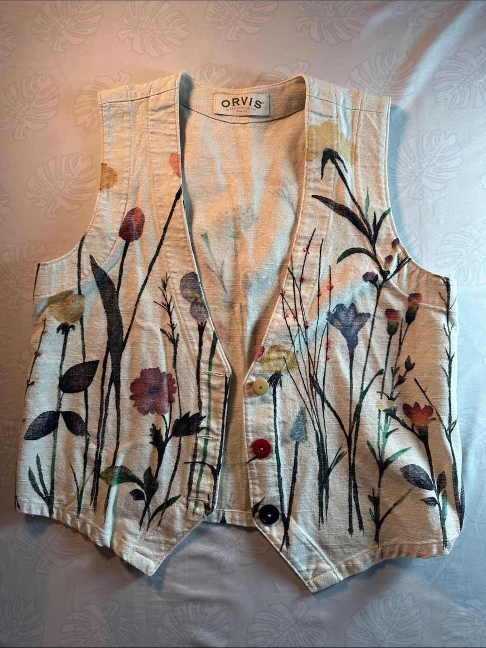 Orvis Cream Floral Painted Cotton Vest with Multicolor Accents